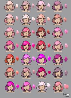 the faces of different women with pink hair and hearts on their cheeks, in various poses