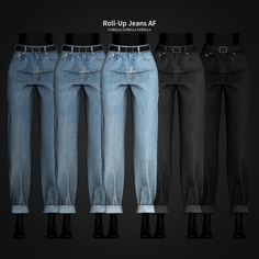 four pairs of jeans are shown in different colors