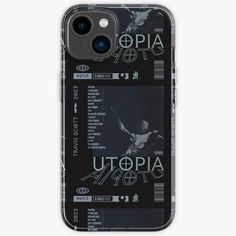 an iphone case with the words utopia in black and white, on a dark background