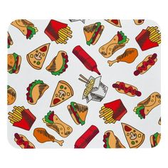 a white mouse pad with hot dogs, hamburgers and ketchup on it