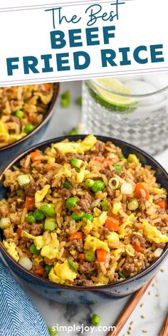 the best beef fried rice in a blue bowl with chopsticks on the side