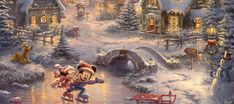 a painting of mickey and minnie mouse skating in front of a christmas village at night