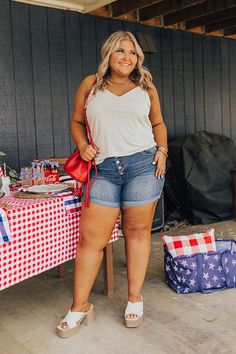 - Proud to be an American cutie with these adorable shorts! - Unlined stretchy denim material with subtle fading - A high waistline with belt loops and 5 button closure - Functional front and back pockets - A star print on one back pocket and a red striped pattern on the other back pocket - A figure flattering silhouette that ends in upper-thigh length rolled hemlines Measurements 1XL : Front Rise 11", Hip 40", Inseam 4", Length 14", Waist 36". 2XL : Front Rise 12", Hip 42", Inseam 4.5", Length Florida Honeymoon, Proud To Be An American, Dream High, High Waist Shorts, Denim Material, American Dream, Proud To Be, Star Print, High Waisted Shorts