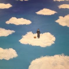 a painting of a man standing on top of a cloud filled sky holding a suitcase