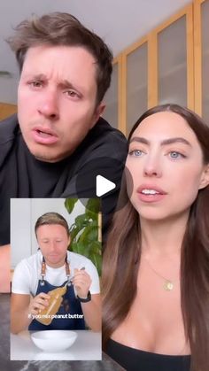 a man and woman are talking to each other on the video call, with an image of them making funny faces