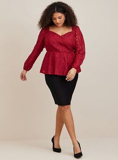 FIT Model is 5'10” wearing size 1. Measures 28” from shoulder. . MATERIALS + CARE Lace woven fabric. . 51% nylon, 49% cotton. Machine wash cold. Line dry or dry low. . Imported. . DETAILS Sweetheart square neckline. . Blouson sleeves. . The best plus size women's peplum lace puff sleeve top tops in rhubarb made of lace. Torrid is your destination for the freshest spring and summer styles. Torrid is your destination for plus size SALE > CLEARANCE merchandise. Lace Puff Sleeve Top, Peplum Lace, Lace Weave, Pretty Shirts, Summer Styles, Puff Sleeve Top, Rhubarb, Square Neckline, Woven Fabric