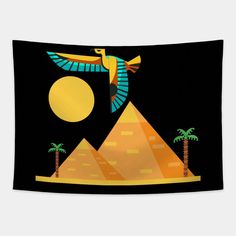 an egyptian scene with pyramids, palm trees and a bird flying over the top