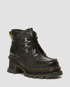 Shop Corran 3-Eye Atlas Leather Heeled Boots in Black at Dr. Martens. Free delivery on orders over $50 Fall Heeled Boots With Vibram Sole, Platform Shoes Sandals, Kids Winter Boots, Black Dr Martens, Yellow Heels, Dr Martens Boots, Accessories Bags Shoes, Leather Heeled Boots, Black Heel Boots