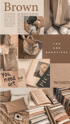 a collage of brown and white images with words on the bottom, below them are pictures of women's shoes