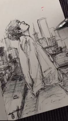 a drawing of a woman walking down the street with her hand on her hip and looking up