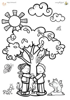 a coloring page with two children hugging under a tree