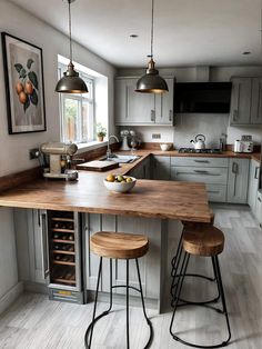 a kitchen with two stools and an island