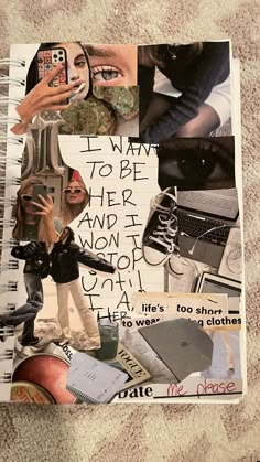 a collage of photos with words written on them and people holding cell phones in their hands