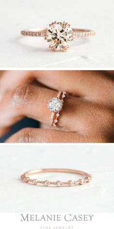 two different views of an engagement ring with diamonds on the side and in between them