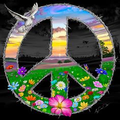 a peace sign with flowers and birds on it