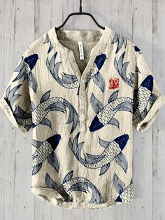 Osamu vintage linen blend shirt with Japanese fish art design combining traditional style and modern comfort. Product description: ✅Sophisticated stripe design: With its vintage pattern, the shirt adds a classic and sophisticated element to your wardrobe. ✅High quality materials:Made from a blend of cotton and linen, this shirt offers a luxurious look and breathable comfort, perfect for any season. ✅Comfortable fit:With its comfortable fit, this shirt will not only make you look good, but also f Aesthetic For Men, Italy Wardrobe, Surface Ornamentation, Shirt Types, Open Collar Shirt, Shirts Pattern, Clothes Embroidery Diy, Clothes Embroidery, Japanese Fish