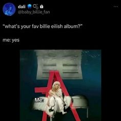 a woman sitting on top of a red and white chair next to a sign that says, what's your fav billie english album? me yes