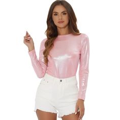 The metallic fabric adds multi-shine to this comfy and casual puff-sleeve top. Patterned in metallic, this round-neck shirt is suitable for a night out, club, and parties. Wear it with wide-leg trousers or style it with leather leggings and heels for the evening. It's designed with a round neck and puff sleeves and it has textured fabric that sets it apart from a more simplistic style. Metallic Tops, Leggings And Heels, Simplistic Style, Halloween Long Sleeve, Round Neck Shirt, Metallic Fabric, Metallic Pink, Long Puff Sleeves, Hem Style