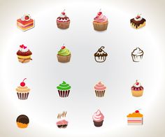 a bunch of different types of cupcakes on a white background