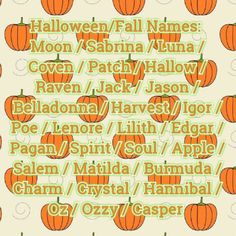 an image of pumpkins on a white background with green and orange text that reads halloween / fall names