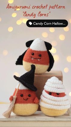 three crocheted candy corns with witches hats on them and the caption says amigurmi crochet pattern candy corn