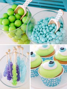 some cupcakes and candy in bowls on a table