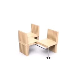 two wooden chairs sitting next to each other