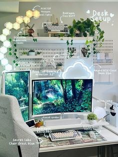 a desk with a computer monitor, keyboard and mouse on it next to a plant