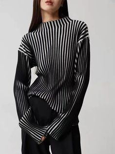 Black and White Contrast Turtleneck Knit Sweater – painevida Black And White Contrast, Cotton Knitting, French Stripes, Mode Abaya, Looks Style, Colorful Sweaters, Black Sweaters, Fashion Inspo Outfits, Knit Sweater