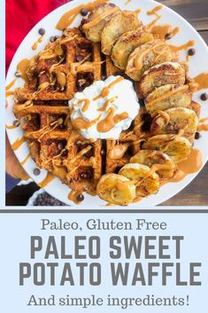 the paleo sweet potato waffle is served on a white plate with caramel drizzle