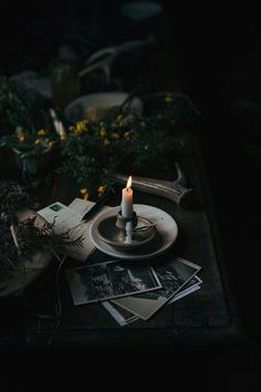 a candle is lit on a plate surrounded by photos and plants in black and white