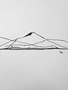 a black and white drawing of mountains in the sky with wires running through them,