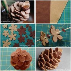 the process of making felt flowers is shown in several different pictures, including pine cones and leaves