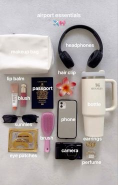 the contents of a travel bag laid out on top of a white surface with text above it