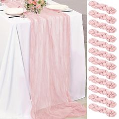 the table is set with pink napkins and place settings