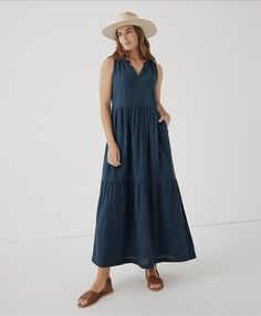 Women’s Coastal Double Gauze Ruffle Maxi Dress made with Organic Cotton | Pact Deep Autumn, Ruffle Maxi Dress, French Navy, Double Gauze, Ruffled Maxi Dress, Personal Marketing, Sophisticated Style, Fair Trade, Dress Making