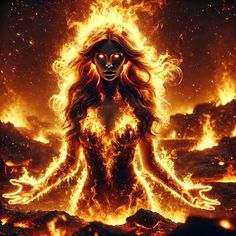 a woman in flames with her arms spread out and eyes open, surrounded by fire