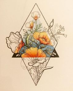 a drawing of flowers in a triangle on a white paper with black and orange ink