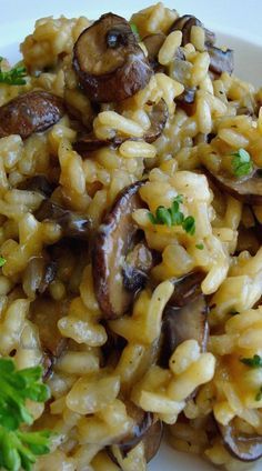 mushroom and rice dish with parsley on the side