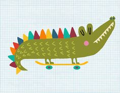 a drawing of a crocodile riding a skateboard with colored spikes on it's head