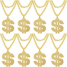 PRICES MAY VARY. SHINY GOLD HIP HOP NECKLACE - A pack contains 8 pieces dollar sign pendant necklaces, all of which are absolutely perfect they are not cheaply made, also the best part they were NOT plastic, you will be pleasantly surprised with the high quality and durability of these necklaces. Perfect for people who like cosplay, wearing them can highlight your dressing up and make your more cool and stylish. HIGH QUALITY - Our hip hop dollar chain are made of high quality metal, pendant is m Dollar Chain, Money Necklace, Hip Hop Necklace, Sign Necklace, Dollar Sign, Necklace For Men, Rhinestone Jewelry, Metal Pendant, Gold Plated Chains