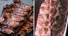 two pictures one with meat and the other with seasoning on it's sides