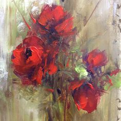 a painting of red flowers in a vase