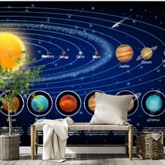 the solar system wallpaper mural in a living room with a couch and potted plant