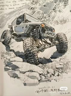 a drawing of a monster truck going over rocks