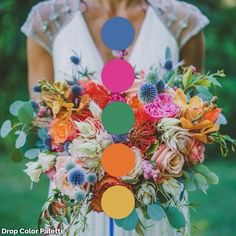 a woman holding a bouquet with flowers and circles over her face in front of green grass