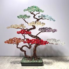 a bonsai tree with many different colored stones