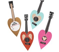 four heart shaped musical instruments are shown in three different colors and shapes, each with an instrument's name on it