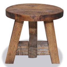 a small wooden table with two legs and a round top, made out of wood