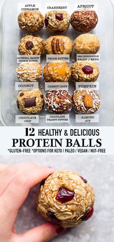 an advertisement for protein balls with dates and nuts on it, in front of a plastic container